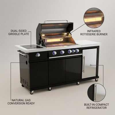 Outdoor Kitchen Island Built for Complete Cooking, 70" Width, Black Stainless Steel, Refrigerator Included