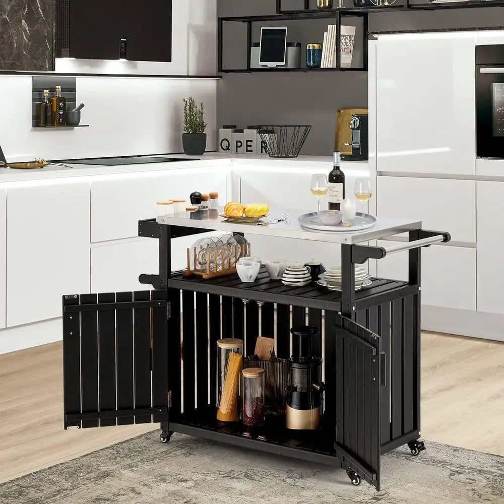 Rolling Kitchen Island With Stainless Steel Top And Storage