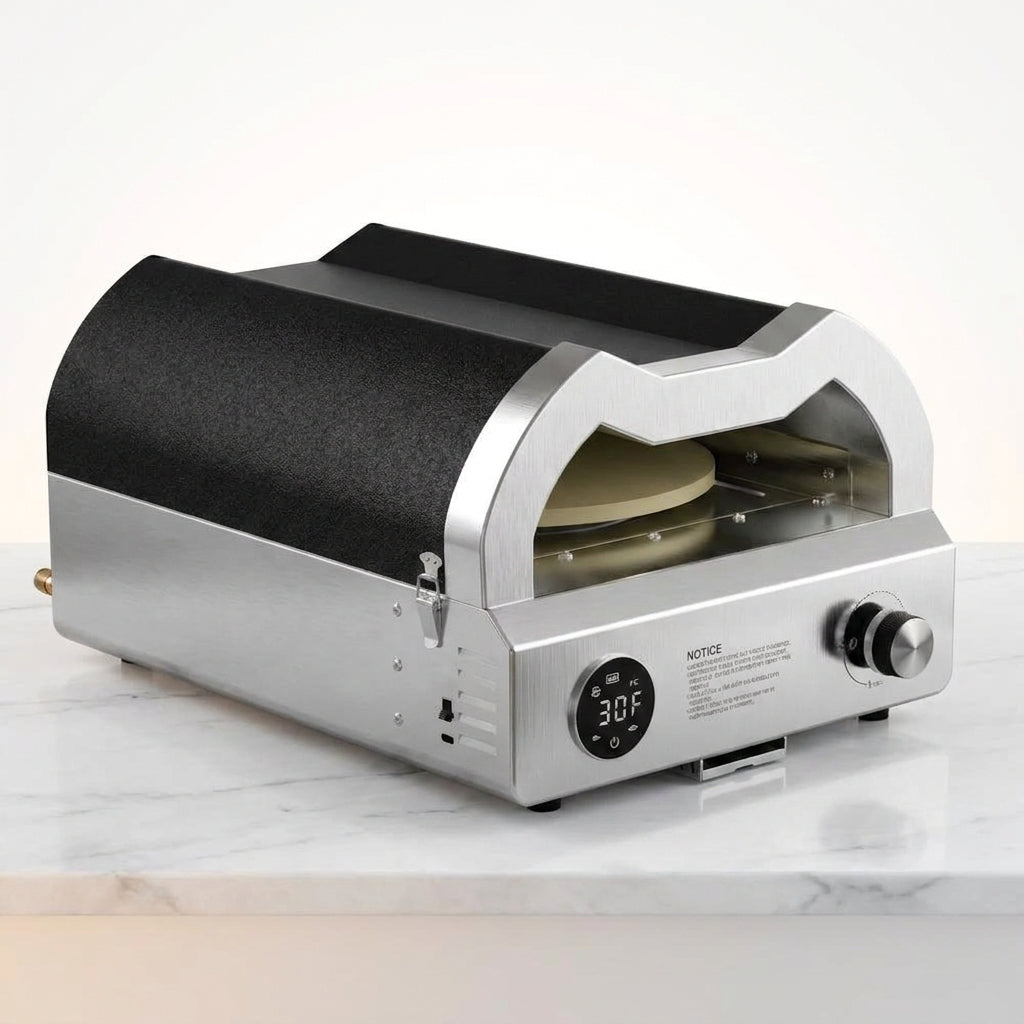 12 In. Propane Pizza Oven, Outdoor Pizza Oven in Black with Rotating Pizza Stone, Glove and Pizza Cutter — Studio Shot
