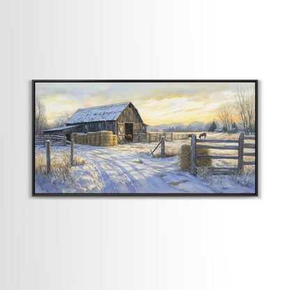 Snowy Barn Horses Canvas Print Winter Landscape Art Farmhouse Christmas Wall Art Framed Canvas Print Rustic Christmas Outdoor Decor