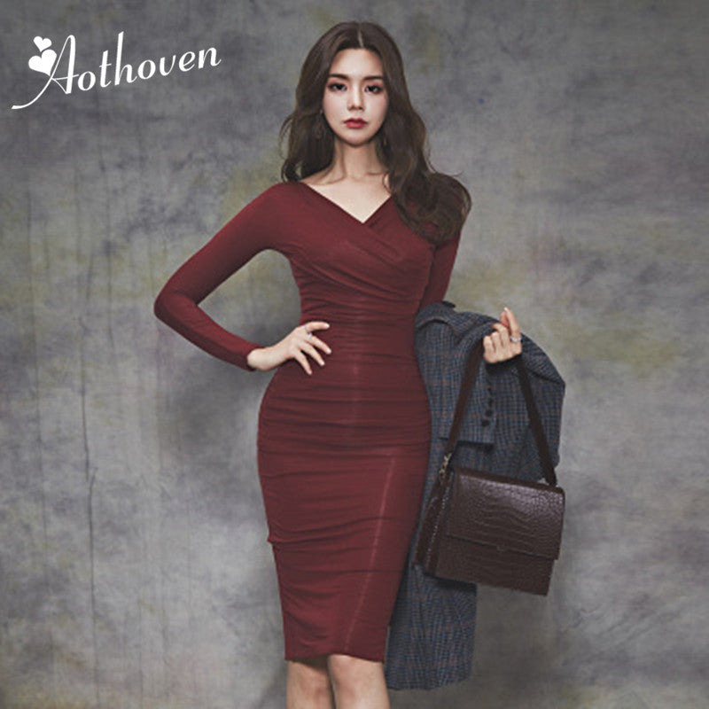 Burgundy Bodycon Midi Dress for Office and Parties