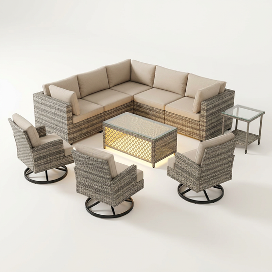 9 Pieces Patio Furniture Set outside Furniture Wicker Patio Conversation Set with Swivel Chairs, Outdoor Furniture for Garden, Beige — Studio Shot