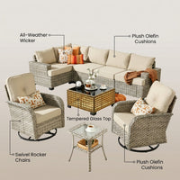 9 Pieces Patio Furniture Set outside Furniture Wicker Patio Conversation Set with Swivel Chairs, Outdoor Furniture for Garden, Beige — infographic