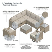 9 Pieces Patio Furniture Set outside Furniture Wicker Patio Conversation Set with Swivel Chairs, Outdoor Furniture for Garden, Beige — How It Works