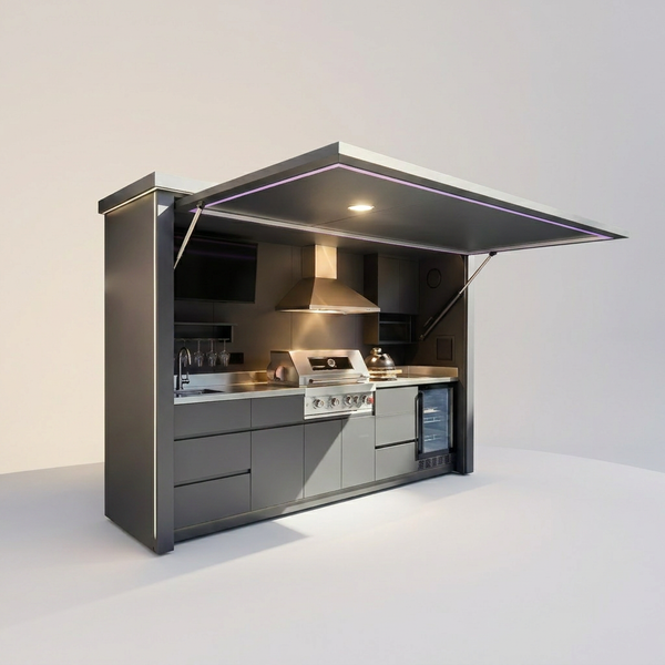 Customized Multi Functional Outdoor Kitchen BBQ Pod with Shelter Moisture Resistant Stainless Steel Outdoor Kitchen Patio Shed — Studio Shot