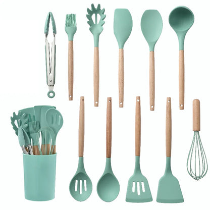 Silicone Kitchen Utensil Set With Wooden Handles Nonstick Spatulas Ladle