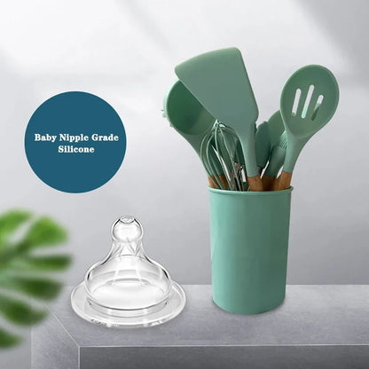Silicone Kitchen Utensil Set With Wooden Handles Nonstick Spatulas Ladle