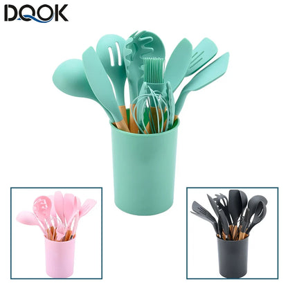Silicone Kitchen Utensil Set With Wooden Handles Nonstick Spatulas Ladle