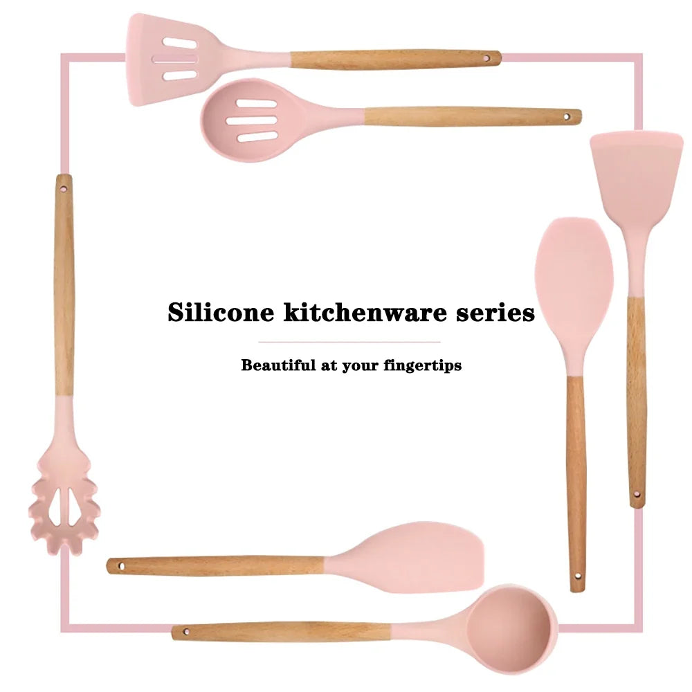 Silicone Kitchen Utensil Set With Wooden Handles Nonstick Spatulas Ladle
