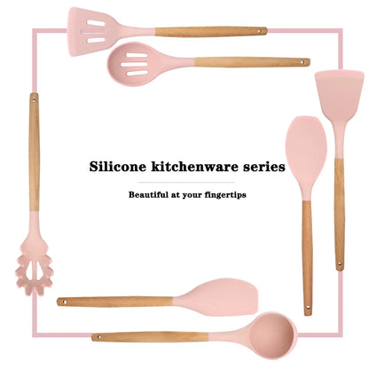 Silicone Kitchen Utensil Set With Wooden Handles Nonstick Spatulas Ladle