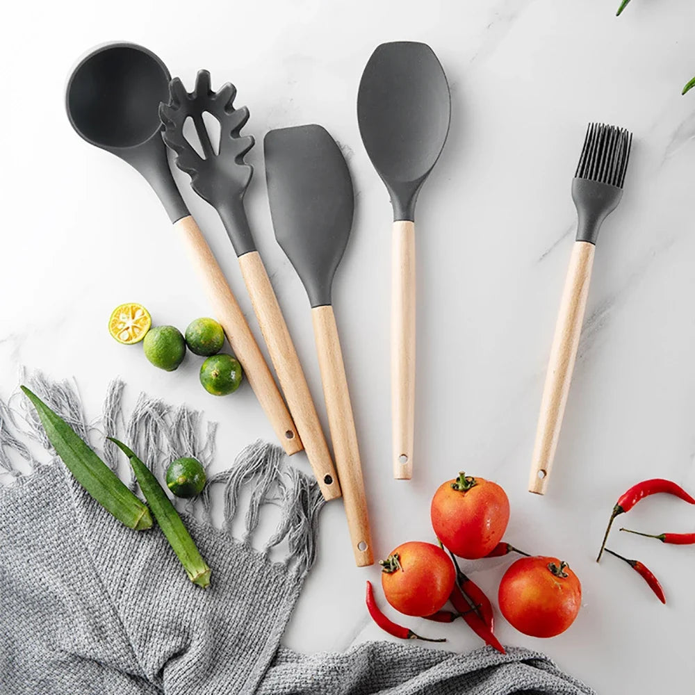Silicone Kitchen Utensil Set With Wooden Handles Nonstick Spatulas Ladle