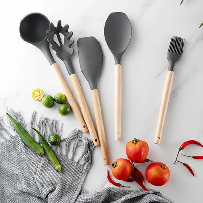 Silicone Kitchen Utensil Set With Wooden Handles Nonstick Spatulas Ladle