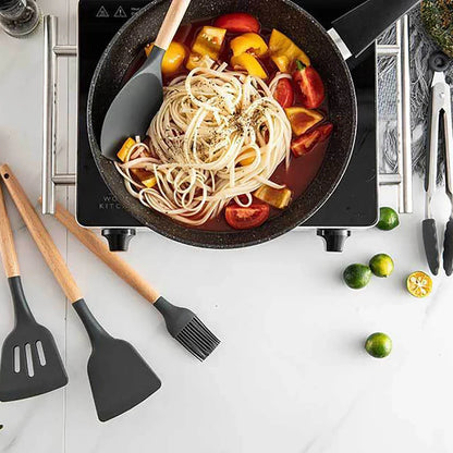 Silicone Kitchen Utensil Set With Wooden Handles Nonstick Spatulas Ladle