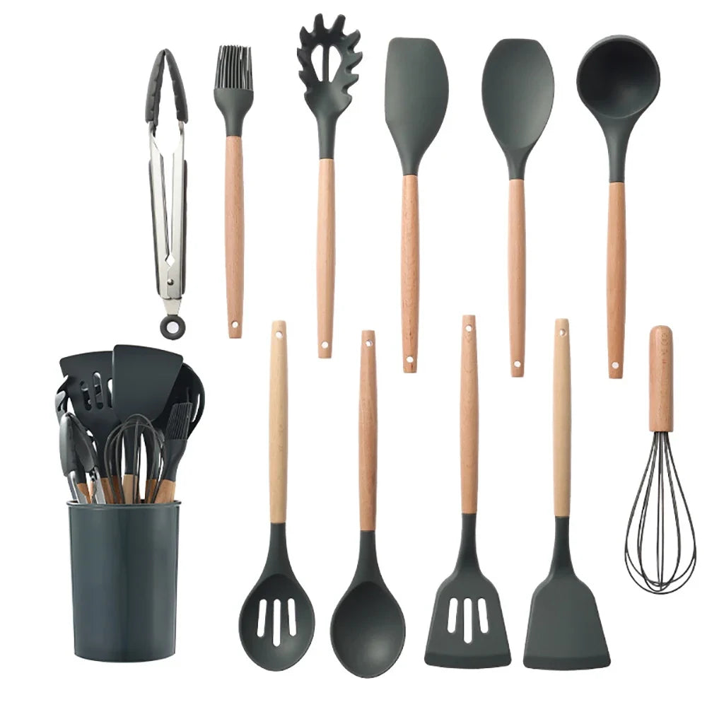 Silicone Kitchen Utensil Set With Wooden Handles Nonstick Spatulas Ladle