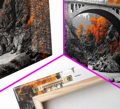 Autumn Bridge, River Gorge, Rustic Nature, Fall Trees, Framed Canvas Print, Cabin Wall Art, Seasonal Decor, Scenic Travel Landscape