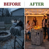 Outdoor Propane Fire Pit, 30000 BTU Column Propane Fire Pit, Wood-Look Surface — Before & After