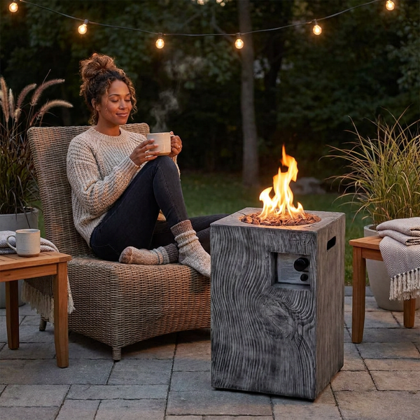 Propane Fire Pit Built for Outdoor Gatherings, 30000 BTU Heat Output, Wood-Look Column Design, Electronic Ignition