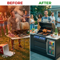 Premium 70"W Black Stainless Steel Outdoor Kitchen Island BBQ Gas Grill with Compact Refrigerator & Rotisserie Burner + Dual Sided Griddle Plate + Charcoal Tray + Natural Gas Conversion Kit — Before & After