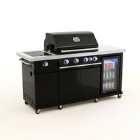 Premium 70"W Black Stainless Steel Outdoor Kitchen Island BBQ Gas Grill with Compact Refrigerator & Rotisserie Burner + Dual Sided Griddle Plate + Charcoal Tray + Natural Gas Conversion Kit — Studio Shot