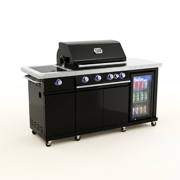 Outdoor Kitchen Island Built for Complete Cooking, 70" Width, Black Stainless Steel, Refrigerator Included