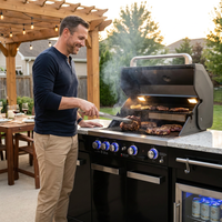Premium 70"W Black Stainless Steel Outdoor Kitchen Island BBQ Gas Grill with Compact Refrigerator & Rotisserie Burner + Dual Sided Griddle Plate + Charcoal Tray + Natural Gas Conversion Kit — Lifestyle