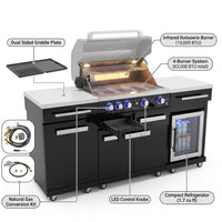 Premium 70"W Black Stainless Steel Outdoor Kitchen Island BBQ Gas Grill with Compact Refrigerator & Rotisserie Burner + Dual Sided Griddle Plate + Charcoal Tray + Natural Gas Conversion Kit — How It Works