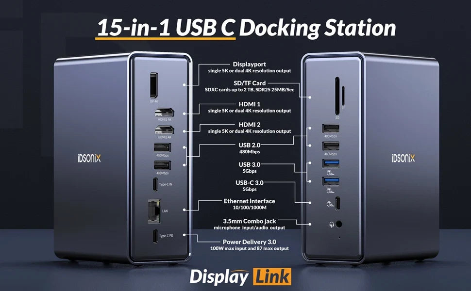 iDsonix USB C 15 In 1 Docking Station HDMI4K PD100W