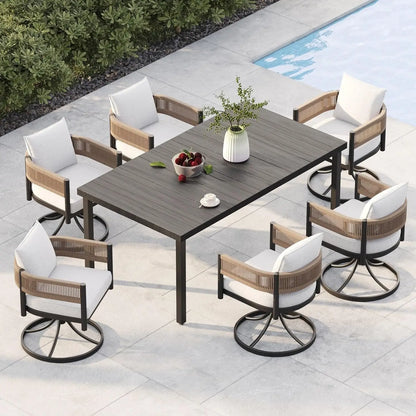 Outdoor Dining Set With Woven Metal Chairs And Cushions