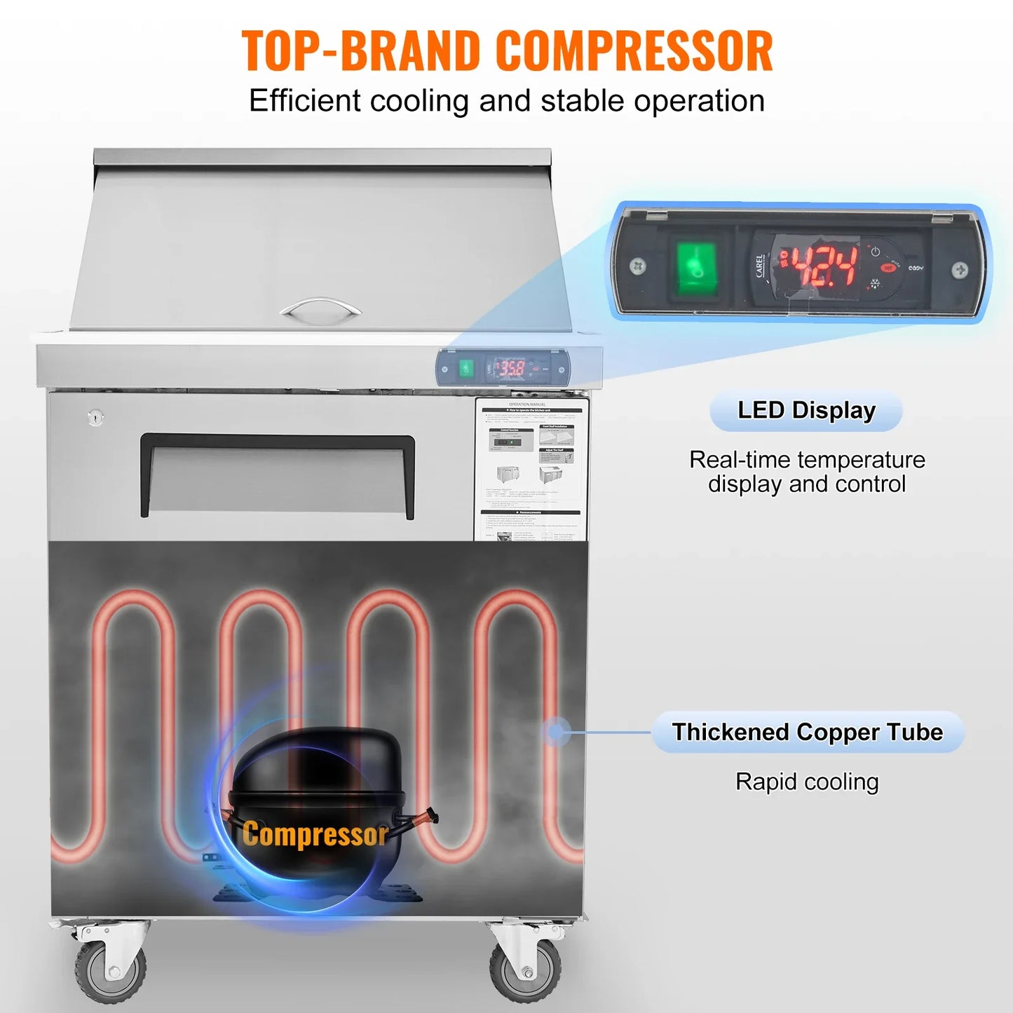 SucceBuy Stainless Steel Commercial Refrigerator Sandwich And Salad Prep Table