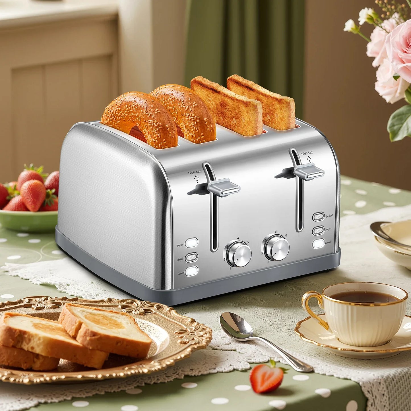 4-Slice Stainless Steel Toaster With Wide Slots Removable Crumb Tray