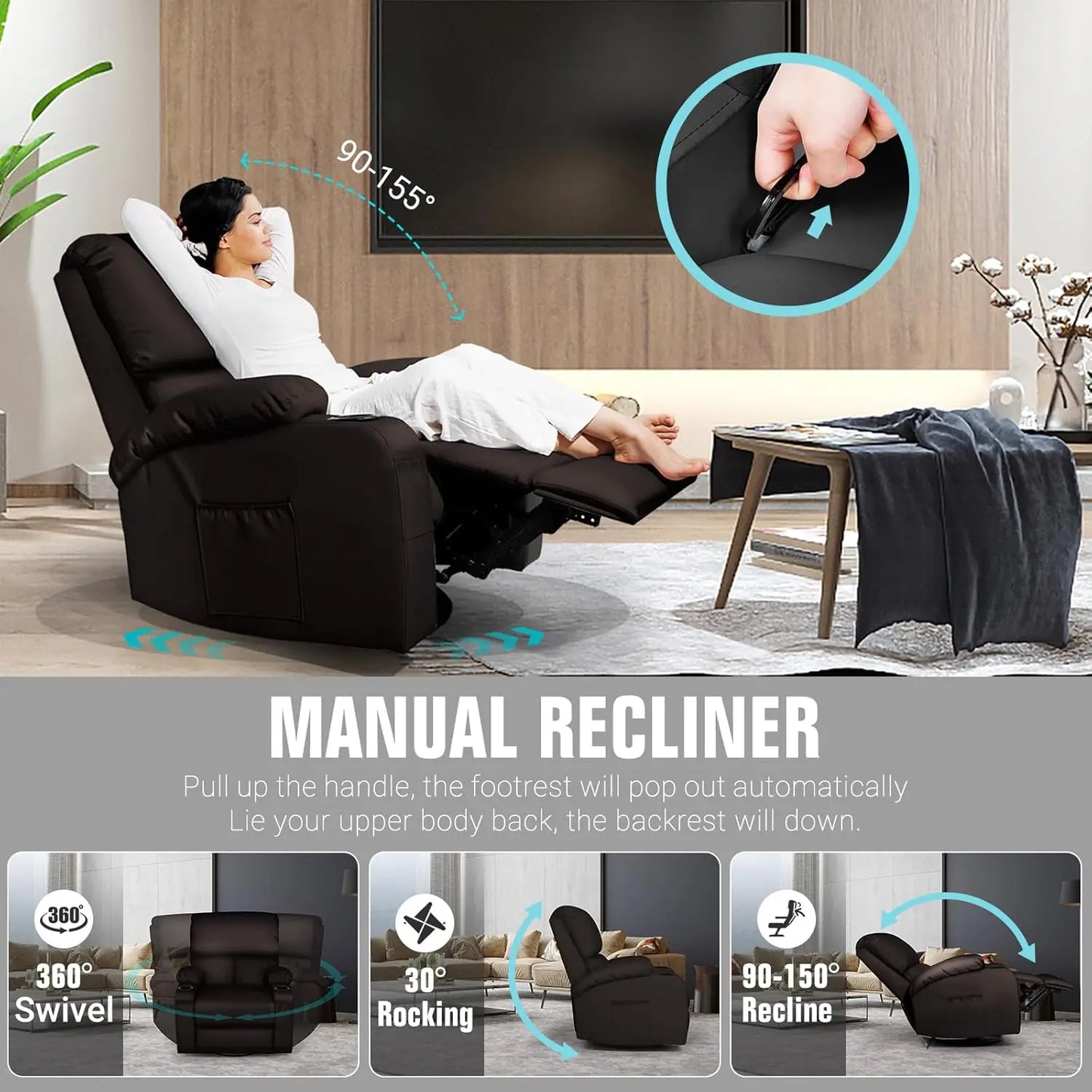 Rocking Recliner Chair With Massage And Heat 360 Swivel