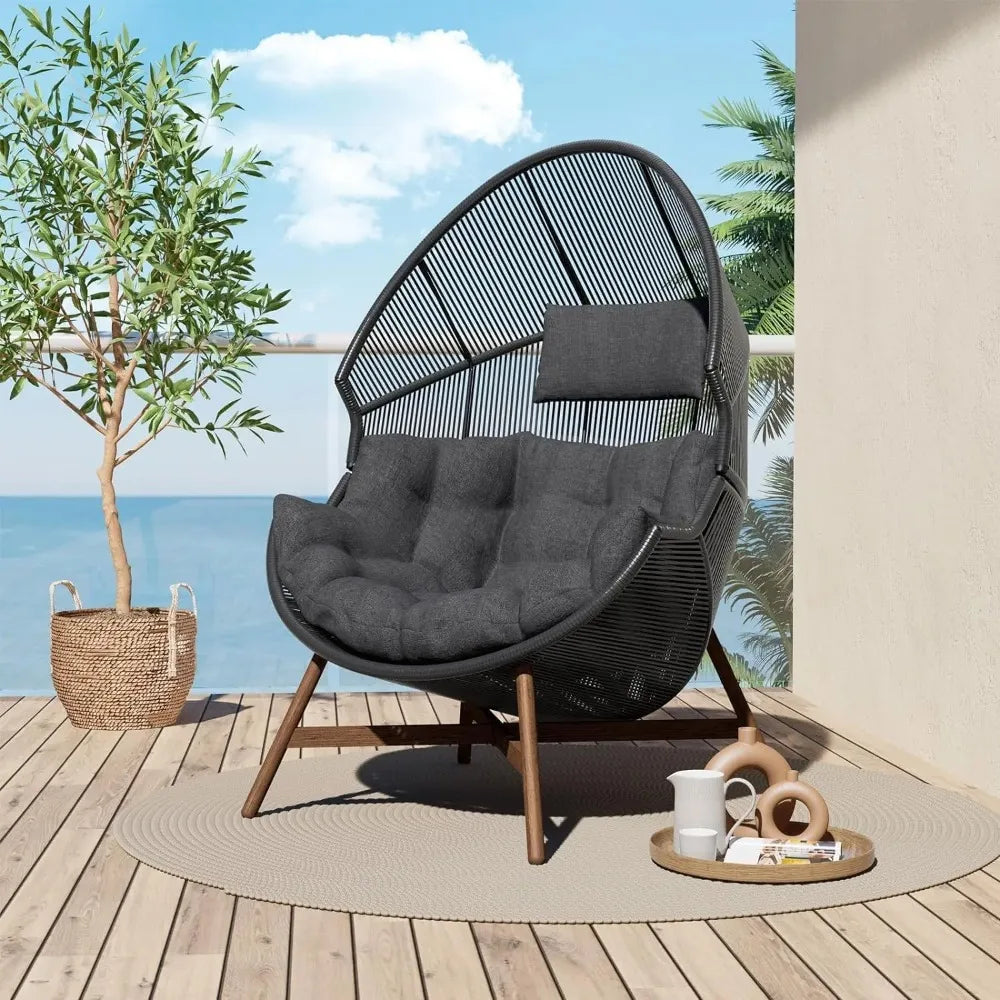 Outdoor Egg Chair Wicker Wood Grain Finish With Olefin Cushion