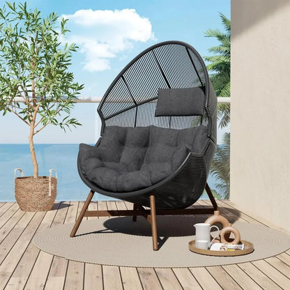 Outdoor Egg Chair Wicker Wood Grain Finish With Olefin Cushion