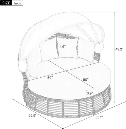 Outdoor Rattan Round Daybed With Retractable Canopy Removable Cushions