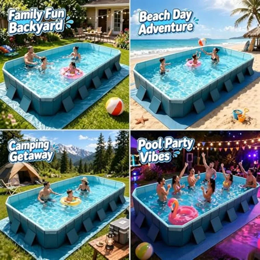 Backyard Family Pool Non-Inflatable Foldable Rectangular With Reinforced Panels