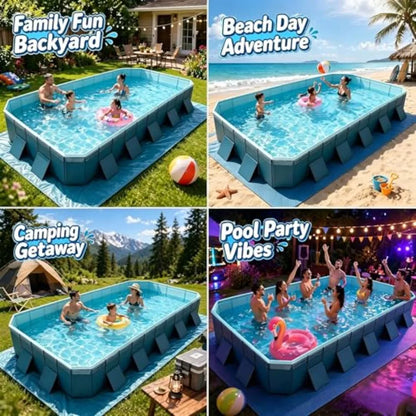 Backyard Family Pool Non-Inflatable Foldable Rectangular With Reinforced Panels