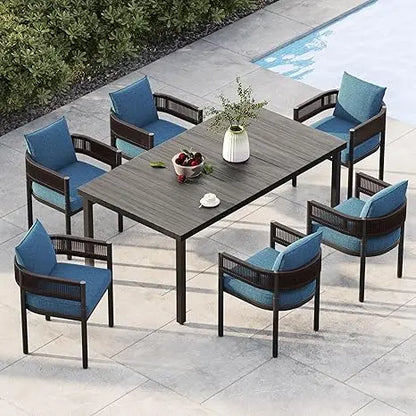 Outdoor Dining Set With Woven Metal Chairs And Cushions