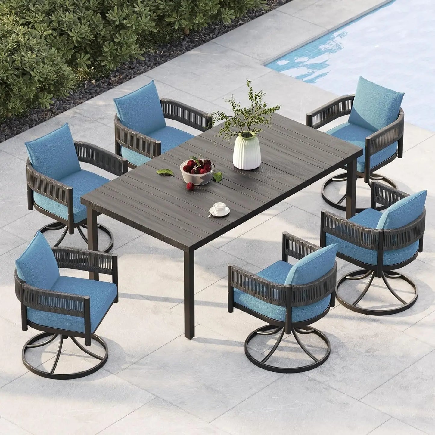 Outdoor Dining Set With Woven Metal Chairs And Cushions