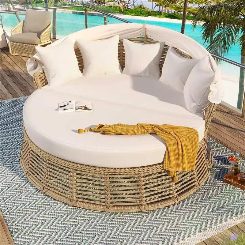 Outdoor Rattan Round Daybed With Retractable Canopy Removable Cushions
