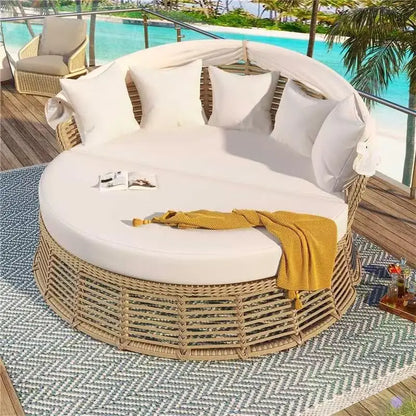 Outdoor Rattan Round Daybed With Retractable Canopy Removable Cushions
