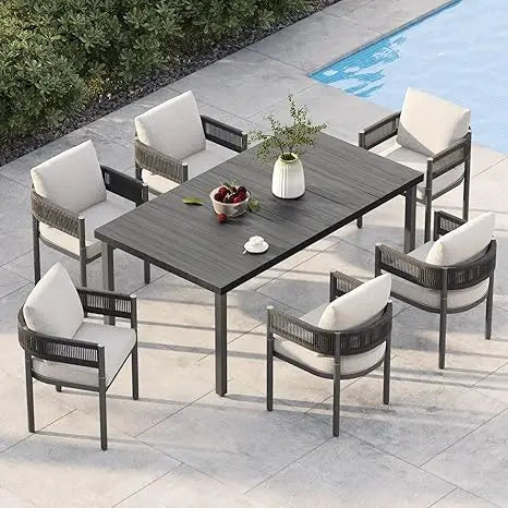 Outdoor Dining Set With Woven Metal Chairs And Cushions