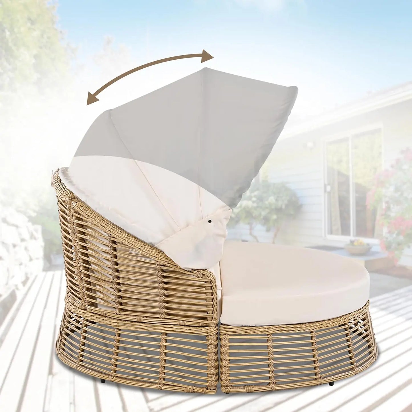 Outdoor Rattan Round Daybed With Retractable Canopy Removable Cushions