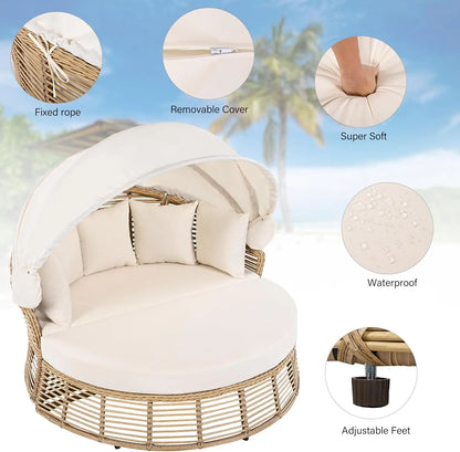 Outdoor Rattan Round Daybed With Retractable Canopy Removable Cushions