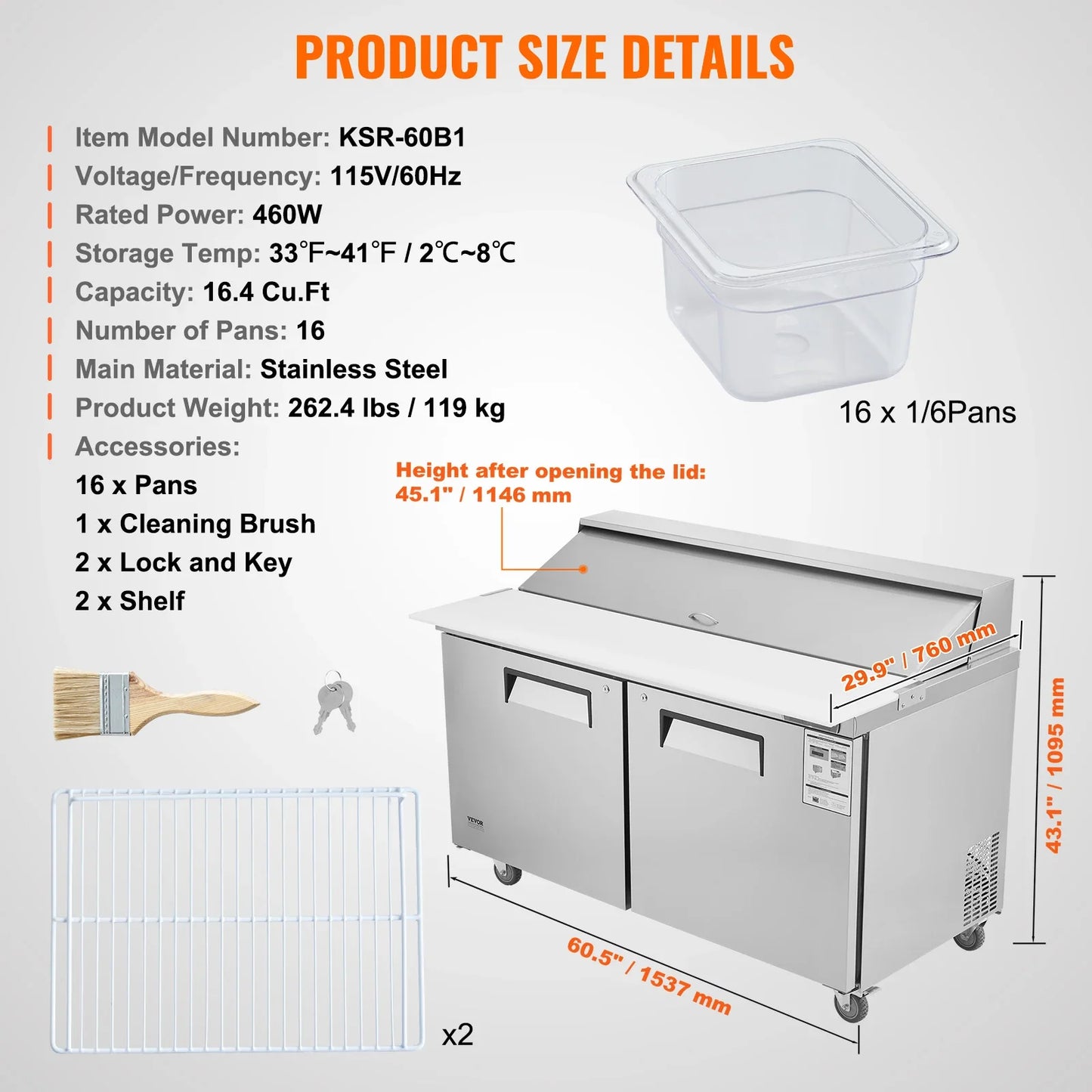 SucceBuy Stainless Steel Commercial Refrigerator Sandwich And Salad Prep Table