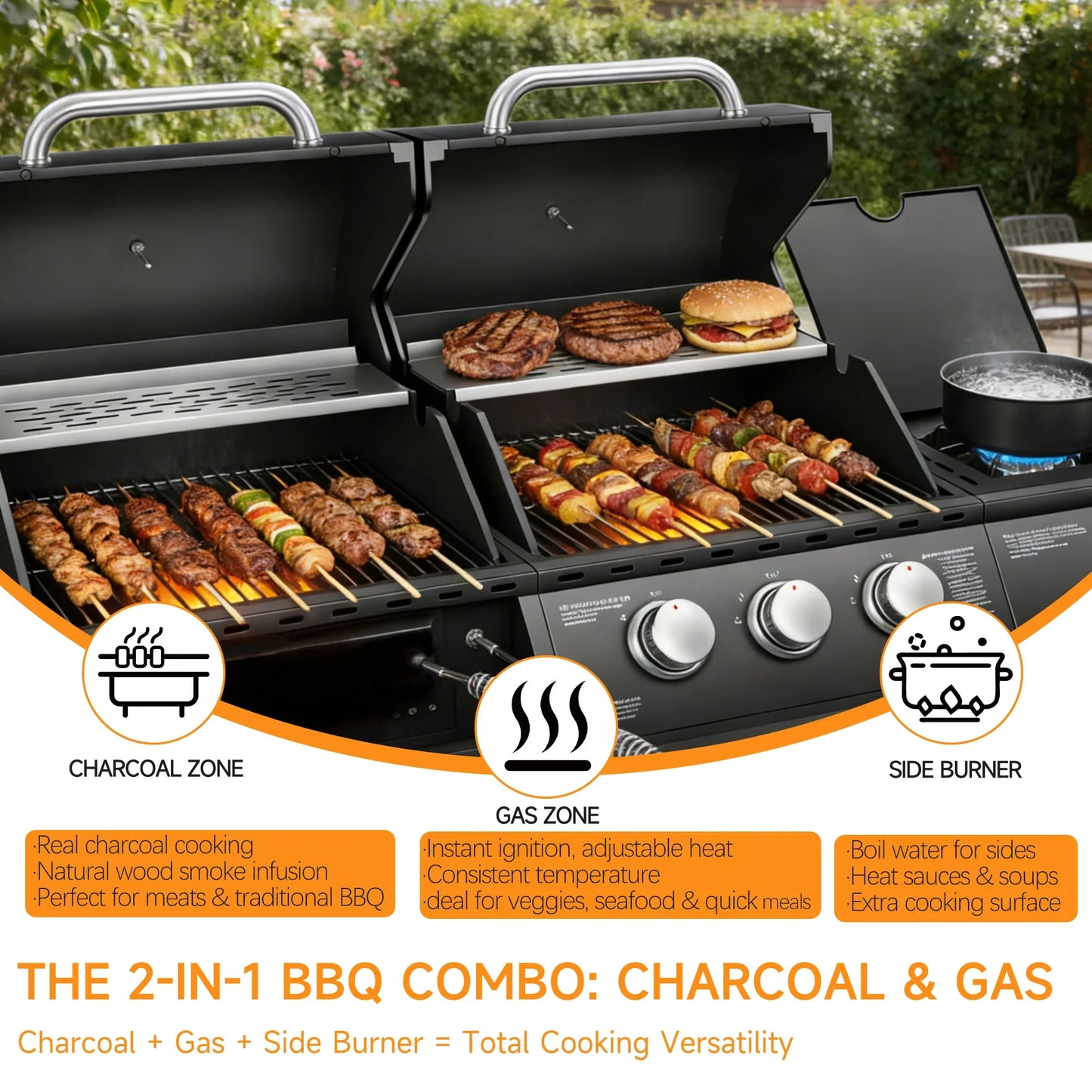 Dual Fuel Gas And Charcoal Grill With Side Burner 40,000 BTU