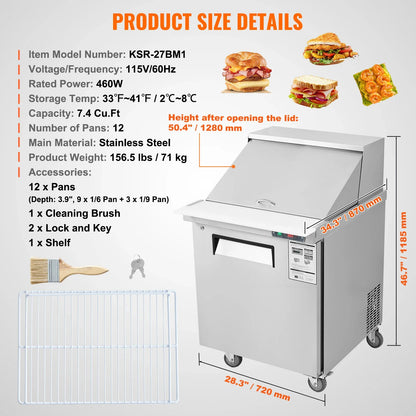 SucceBuy Stainless Steel Commercial Refrigerator Sandwich And Salad Prep Table
