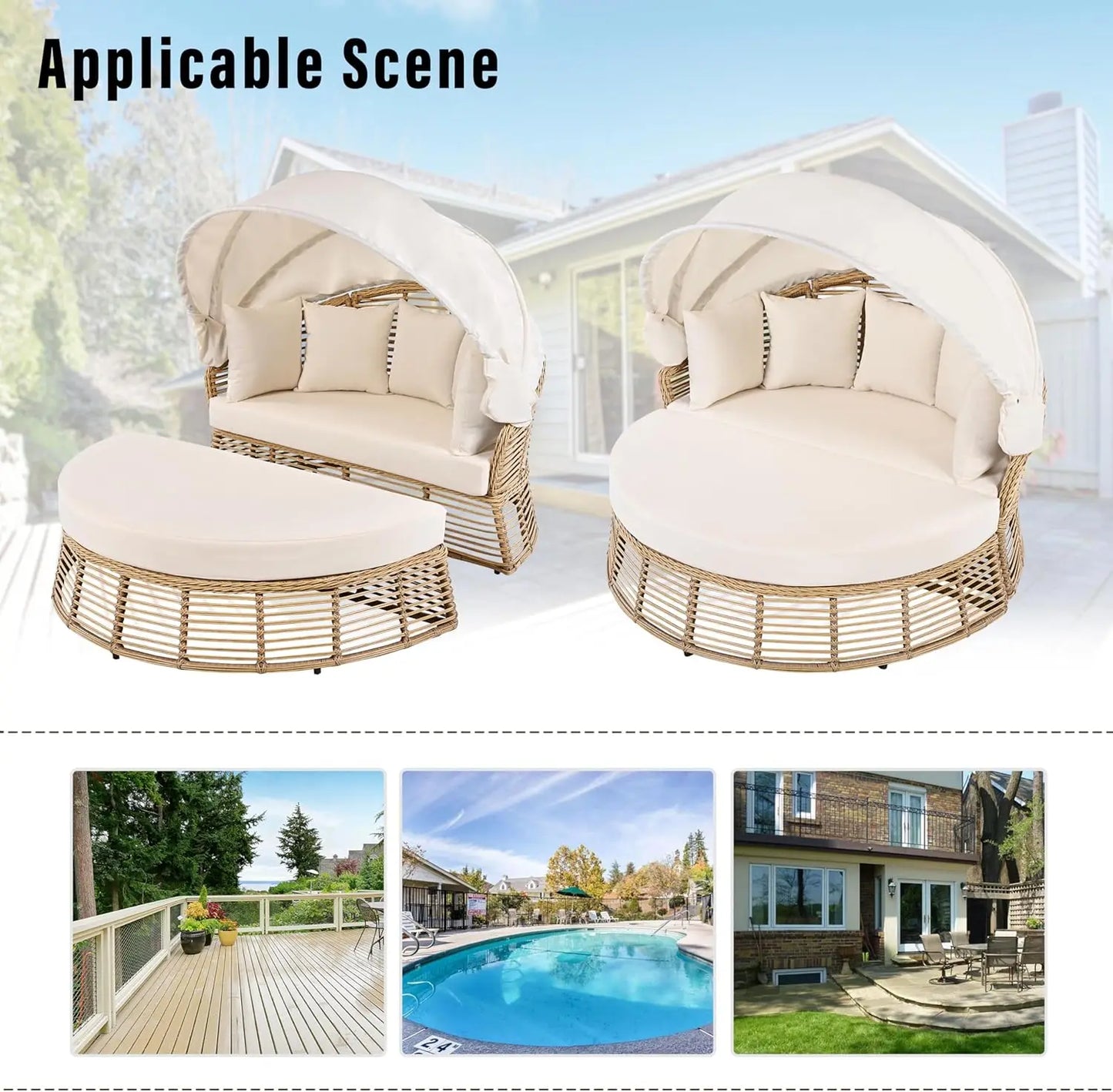 Outdoor Rattan Round Daybed With Retractable Canopy Removable Cushions