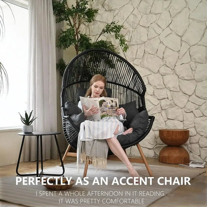 Outdoor Egg Chair Wicker Wood Grain Finish With Olefin Cushion
