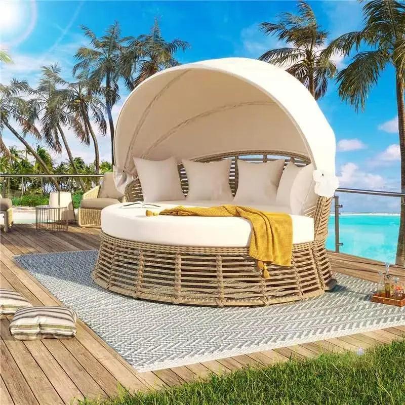 Outdoor Rattan Round Daybed With Retractable Canopy Removable Cushions