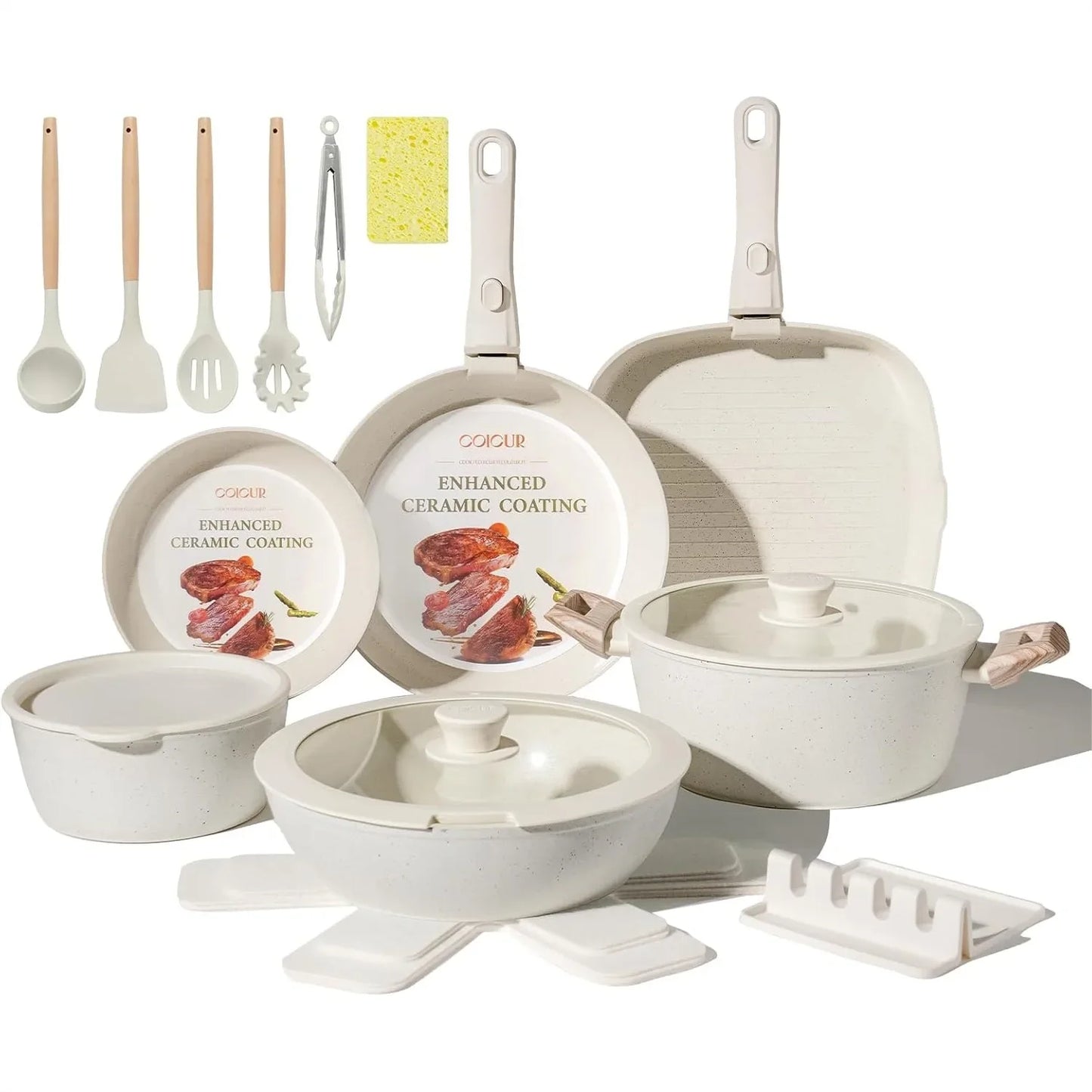 Ceramic 23-Piece Detachable-Handle Cookware Set Nonstick Induction Safe
